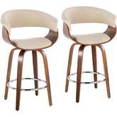 Vintage Mod 26" Swivel Counter Stool in Walnut Wood & Cream Fabric with Chrome Footrest (Set of 2)